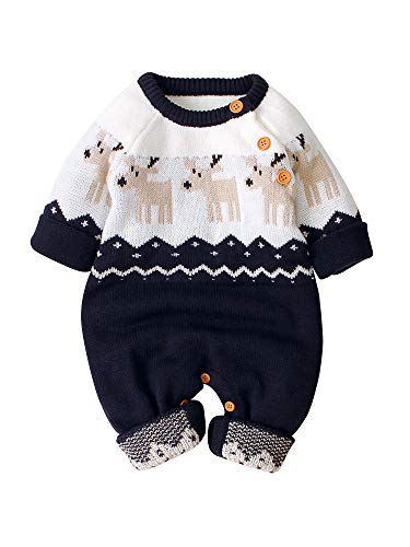 Geagodelia Neugeborenes Baby Junge Mädchen gestrickt Pullover Hirsch Muster Weihnachten Pullover Warm Winter Sweater Weihnachten Pullover (B Jumpsuits Blau, 6-12 Monate,90) von Geagodelia