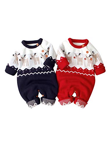 Geagodelia Neugeborenes Baby Junge Mädchen gestrickt Pullover Hirsch Muster Weihnachten Pullover Warm Winter Sweater Weihnachten Pullover (B Jumpsuits Rot, 0-3 Monate,70) von Geagodelia