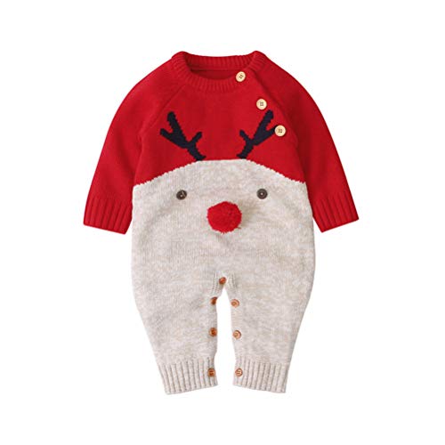 Geagodelia Neugeborenes Baby Junge Mädchen gestrickt Pullover Hirsch Muster Weihnachten Pullover Warm Winter Sweater Weihnachten Pullover (C Jumpsuits Rot, 6-12 Monate,90) von Geagodelia