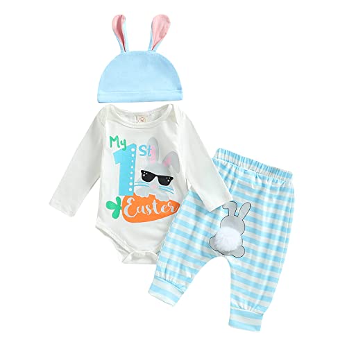 Geagodelia Neugeborenes Baby Ostern Outfit Jungen Mädchen Langarm Body Hose Hasenohren Hut Mein Erstes Ostern Kleidung Set (A 01-Weiß, 0-3 Months) von Geagodelia