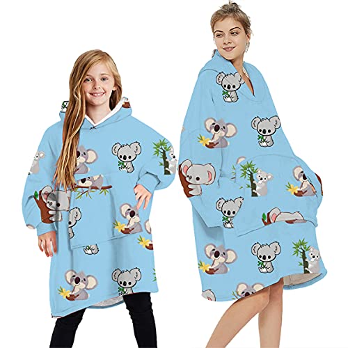 Geagodelia Oversized Hoodie Pullover für Damen Herren Kinder Kuschelig Fleece Decken Hoodie, Hoodie Decke zum Anziehen Kuschelpullover Hausanzug Kapuzenpullover Winter (Blau - Koala, 7-12 Jahre) von Geagodelia