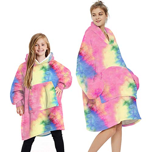 Geagodelia Oversized Hoodie Pullover für Damen Herren Kinder Kuschelig Fleece Decken Hoodie, Hoodie Decke zum Anziehen Kuschelpullover Hausanzug Kapuzenpullover Winter (Tie Dye, 7-12 Jahre) von Geagodelia