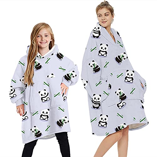 Geagodelia Oversized Hoodie Pullover für Damen Herren Kinder Kuschelig Fleece Oodie Decken Hoodie, Hoodie Decke zum Anziehen Kuschelpullover Hausanzug Kapuzenpullover (Hellgrau - Panda 02, 7-12 Jahre) von Geagodelia