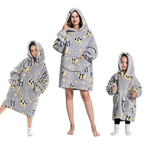 Geagodelia Oversized Hoodie Pullover für Damen Kinder Kuschelig Fleece Decken Hoodie, Hoodie Decke zum Anziehen Weiche Kuschelpullover Hausanzug Kapuzenpullover Winter (Grau - Panda, One Size) von Geagodelia