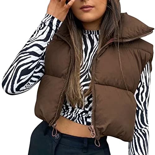 Geagodelia Puffer Weste Damen Kurz Ärmellose Jacke Leicht Steppweste ohne Kapuze Reißverschluss Stehkragen Steppjacke Frühling Winter Warm Übergangsjacke (01-Braun, L) von Geagodelia