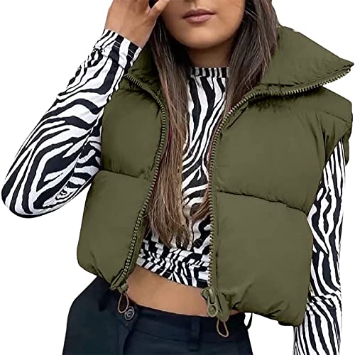 Geagodelia Puffer Weste Damen Kurz Ärmellose Jacke Leicht Steppweste ohne Kapuze Reißverschluss Stehkragen Steppjacke Frühling Winter Warm Übergangsjacke (01-Dunkeloliv, M) von Geagodelia