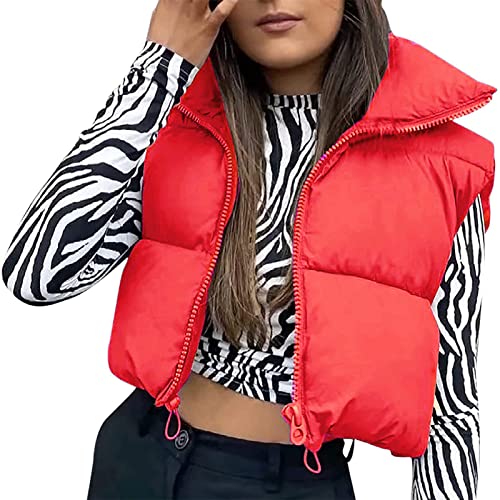 Geagodelia Puffer Weste Damen Kurz Ärmellose Jacke Leicht Steppweste ohne Kapuze Reißverschluss Stehkragen Steppjacke Frühling Winter Warm Übergangsjacke (01-Rot, M) von Geagodelia