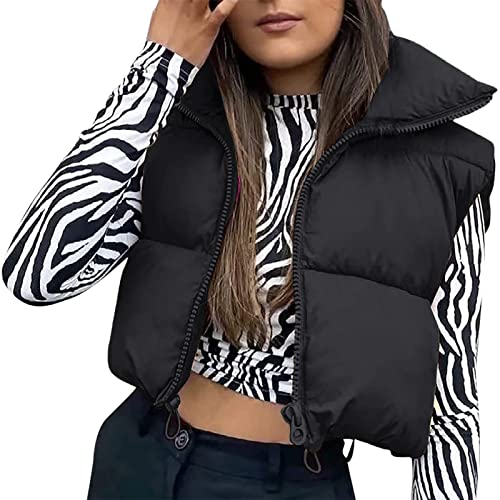 Geagodelia Puffer Weste Damen Kurz Ärmellose Jacke Leicht Steppweste ohne Kapuze Reißverschluss Stehkragen Steppjacke Frühling Winter Warm Übergangsjacke (01-Schwarz, L) von Geagodelia