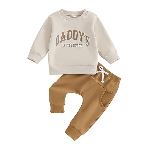 Geagodelia Vatertag Baby Oufit Junge Sommer Kleidung Set Langarm Sweatshirt Oberteil und Hose Bekleidungssets für Jungen (Daddy's Little Buddy Khaki, 18-24 Monate) von Geagodelia