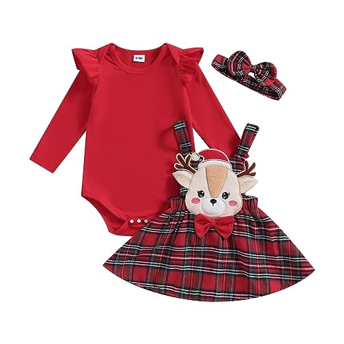 Geagodelia Weihnachtsoutfit Baby Mädchen Rentier Kariert Strapsrock + Langarm Body + Stirnband Neugeborenes Weihnachtskleid Mein erstes Weihnachten Baby Kleidung Set (102501#Rot, 0-3 Monate) von Geagodelia