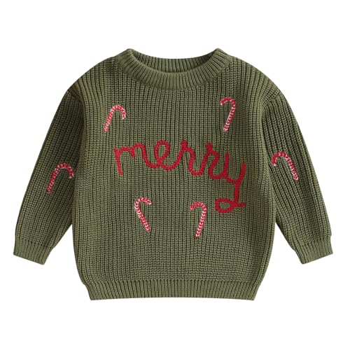 Geagodelia Weihnachtspullover Kinder Mädchen Jungen Mein Erstes Weihnachten Baby Pullover Strickpullover Neugeborene Baby Weihnachtspulli Christmas Sweater (Merry Zuckerstangen Olivgrün, 0-3 Monate) von Geagodelia