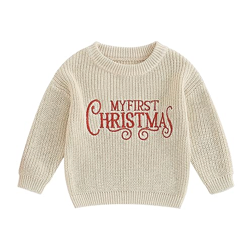 Geagodelia Weihnachtspullover Kinder Mädchen Jungen Mein Erstes Weihnachten Baby Pullover Strickpullover Neugeborene Baby Weihnachtspulli Christmas Sweater (My First Christmas Beige, 0-3 Monate) von Geagodelia