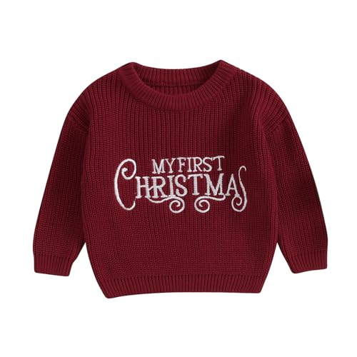 Geagodelia Weihnachtspullover Kinder Mädchen Jungen Mein Erstes Weihnachten Baby Pullover Strickpullover Neugeborene Baby Weihnachtspulli Christmas Sweater (My First Christmas Weinrot, 3-6 Monate) von Geagodelia