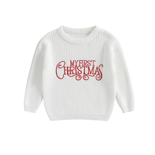 Geagodelia Weihnachtspullover Kinder Mädchen Jungen Mein Erstes Weihnachten Baby Pullover Strickpullover Neugeborene Baby Weihnachtspulli Christmas Sweater (My First Christmas Weiß, 6-9 Monate) von Geagodelia