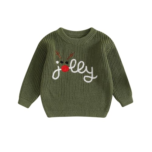 Geagodelia Weihnachtspullover Kinder Mädchen Jungen Mein Erstes Weihnachten Baby Pullover Strickpullover Neugeborene Baby Weihnachtspulli Christmas Sweater (Rentier Jolly Olivgrün, 18-24 Monate) von Geagodelia
