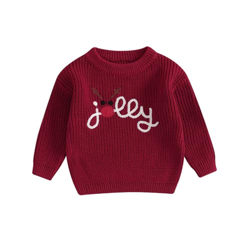 Geagodelia Weihnachtspullover Kinder Mädchen Jungen Mein Erstes Weihnachten Baby Pullover Strickpullover Neugeborene Baby Weihnachtspulli Christmas Sweater (Rentier Jolly Weinrot, 0-3 Monate) von Geagodelia