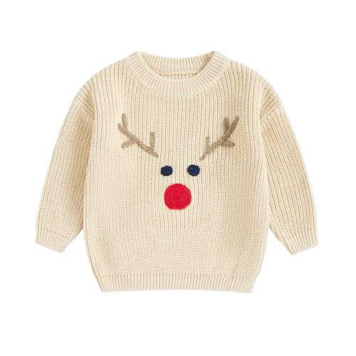 Geagodelia Weihnachtspullover Kinder Mädchen Jungen Mein Erstes Weihnachten Baby Pullover Strickpullover Neugeborene Baby Weihnachtspulli Christmas Sweater (Rudolph Khaki, 4-5 Jahre) von Geagodelia