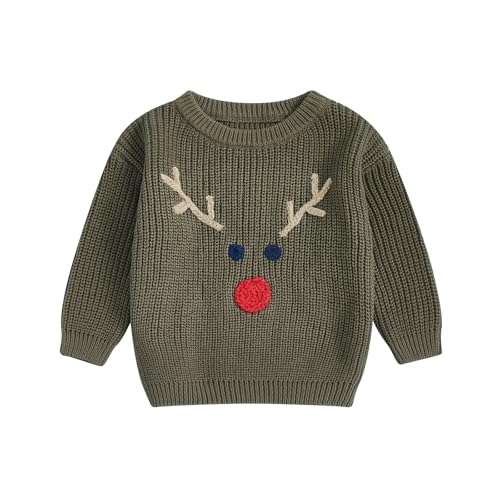 Geagodelia Weihnachtspullover Kinder Mädchen Jungen Mein Erstes Weihnachten Baby Pullover Strickpullover Neugeborene Baby Weihnachtspulli Christmas Sweater (Rudolph Olivgrün, 9-12 Monate) von Geagodelia