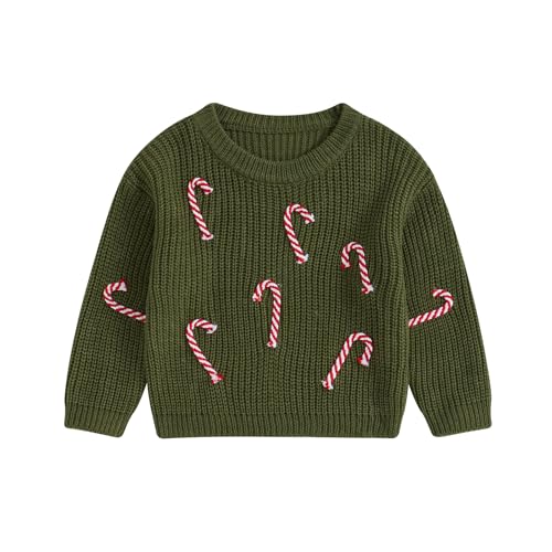 Geagodelia Weihnachtspullover Kinder Mädchen Jungen Mein Erstes Weihnachten Baby Pullover Strickpullover Neugeborene Baby Weihnachtspulli Christmas Sweater (Zuckerstangen Olivgrün, 0-3 Monate) von Geagodelia