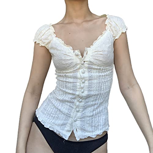 Geagodelia Y2K Damen Rüschen Top Puff Kurzarm Quadratischer Ausschnitt Bluse T-Shirt Sommer Fee Grunge Ästhetisch Vintage 90er Jahre Mode Milkmaid Crop Top, B 01- Weiß, Small von Geagodelia