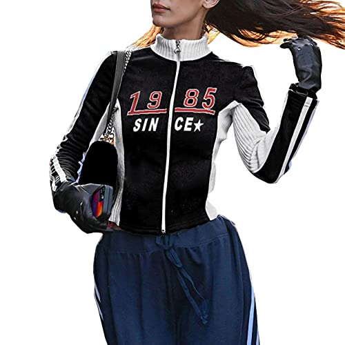 Geagodelia Y2K Zip Up Jacke Damen Vintage Grunge Aesthetic Trainingsjacke Enge Jacke Slim Fit 90s Casual Blokecore Fashion Outwear (C-Schwarz , M ) von Geagodelia