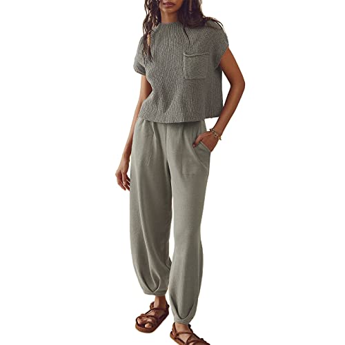 Geagodelia Zweiteiler Damen Elegant Hosenanzug Outfit Kleidung 2 Teiler Set Strick Top + Hose Y2k Aesthetic Clothes Loungewear Anzug Skims Dupes (B - Grau, L) von Geagodelia