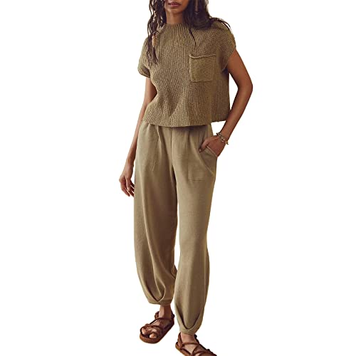 Geagodelia Zweiteiler Damen Elegant Hosenanzug Outfit Kleidung 2 Teiler Set Strick Top + Hose Y2k Aesthetic Clothes Loungewear Anzug Skims Dupes (B - Khaki, L) von Geagodelia