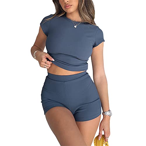 Geagodelia Zweiteiler Damen Elegant Hosenanzug Sommer Outfits Kleidung 2 Teiler Set T-Shirt Top + Shorts Y2k Aesthetic Clothes Workout Anzug Skims Dupes (A - Blau Ribbed, L) von Geagodelia