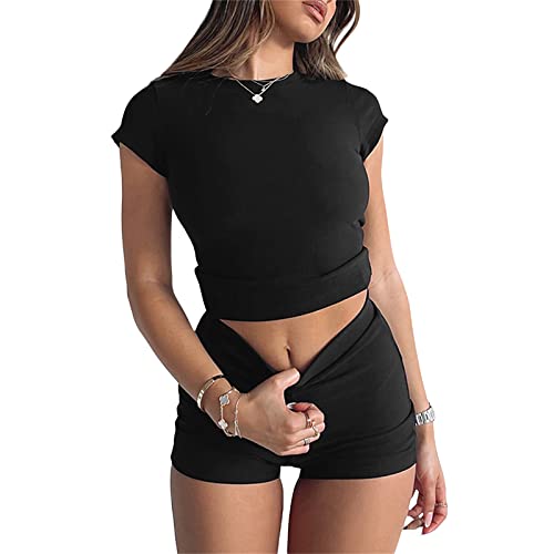 Geagodelia Zweiteiler Damen Elegant Hosenanzug Sommer Outfits Kleidung 2 Teiler Set T-Shirt Top + Shorts Y2k Aesthetic Clothes Workout Anzug Skims Dupes (A - Schwarz Ribbed, L) von Geagodelia