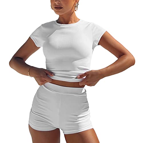 Geagodelia Zweiteiler Damen Elegant Hosenanzug Sommer Outfits Kleidung 2 Teiler Set T-Shirt Top + Shorts Y2k Aesthetic Clothes Workout Anzug Skims Dupes (A - Weiß Ribbed, L) von Geagodelia