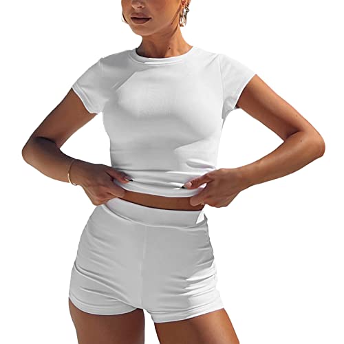 Geagodelia Zweiteiler Damen Elegant Hosenanzug Sommer Outfits Kleidung 2 Teiler Set T-Shirt Top + Shorts Y2k Aesthetic Clothes Workout Anzug Skims Dupes (A - Weiß Ribbed, S) von Geagodelia