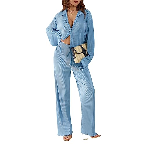 Geagodelia Zweiteiler Damen Plissee Outfit Kleidung Elegant Hosenanzug 2 Teiler Set Weite Hose + Button Down Langarmshirt Loungewear Streatwear Anzug Sommer (B - Blau Dünn, L) von Geagodelia