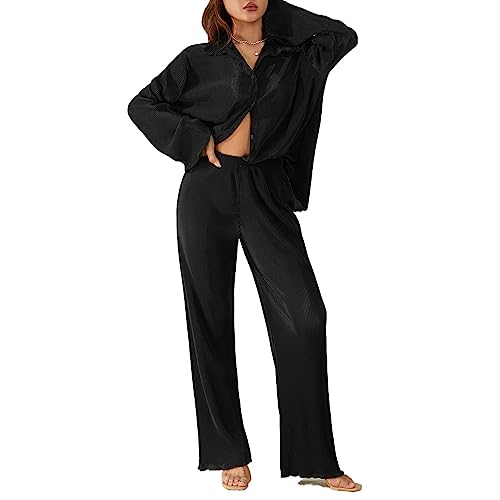 Geagodelia Zweiteiler Damen Plissee Outfit Kleidung Elegant Hosenanzug 2 Teiler Set Weite Hose + Button Down Langarmshirt Loungewear Streatwear Anzug Sommer (B - Schwarz Dünn, M) von Geagodelia