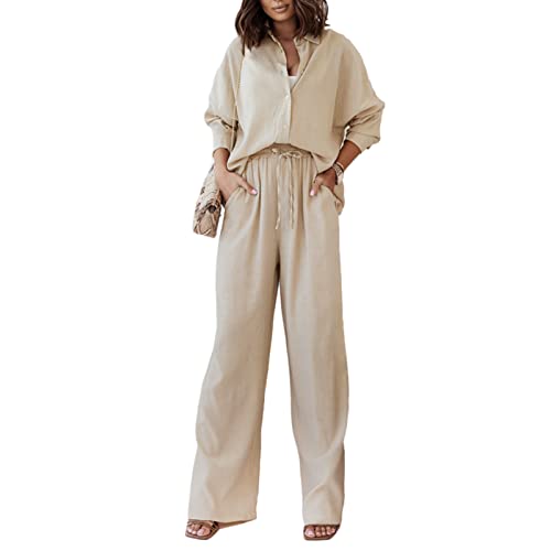 Geagodelia Zweiteiler Damen Plissee Outfit Kleidung Elegant Hosenanzug 2 Teiler Set Weite Hose + Button Down Langarmshirt Loungewear Streatwear Anzug Sommer (C - Beige, L) von Geagodelia