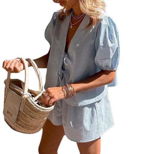 Geagodelia Zweiteiler Damen Sommer Kurzarm Kariert Bluse und Shorts Anzug Set Elegant Kurz 2 Teiler Hose und Oberteil Strand Outfit Leicht Locker Hosenanzug (Kariert Hellblau, M) von Geagodelia