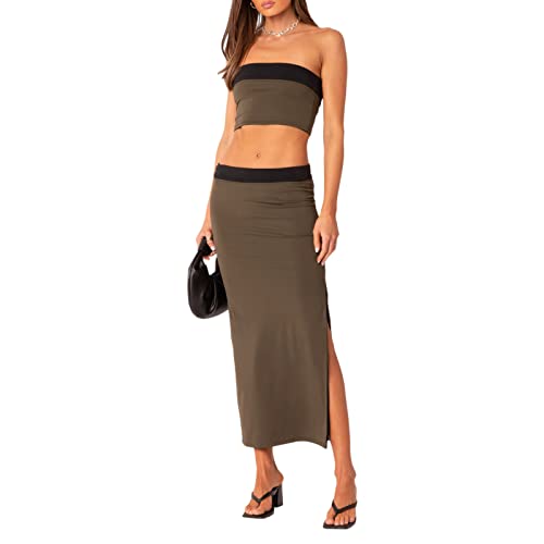 Geagodelia Zweiteiler Damen Sommer Langer Rock und Trägerlos Crop Top Oberteile Sexy Maxirock Set Y2K Party Club Outfit (C 01-Braun, L) von Geagodelia