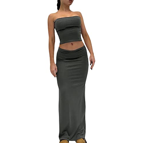 Geagodelia Zweiteiler Damen Sommer Langer Rock und Trägerlos Crop Top Oberteile Sexy Maxirock Set Y2K Party Club Outfit (E 01-Grau, L) von Geagodelia