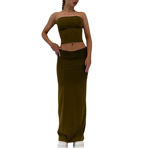 Geagodelia Zweiteiler Damen Sommer Langer Rock und Trägerlos Crop Top Oberteile Sexy Maxirock Set Y2K Party Club Outfit (E 01-Grün, M) von Geagodelia