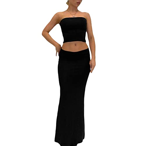 Geagodelia Zweiteiler Damen Sommer Langer Rock und Trägerlos Crop Top Oberteile Sexy Maxirock Set Y2K Party Club Outfit (E 01-Schwarz, L) von Geagodelia