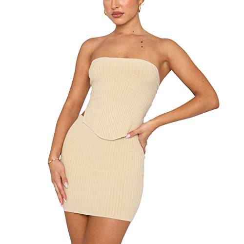 Geagodelia Zweiteiler Damen Sommer Minirock 2 Teiler Set Tube/Crop/Tank Top Oberteil + Kurze Rock Y2k Aesthetic Clothes Sexy Outfits Kleidung Anzug (C - Beige (Rückenfreies Oberteil), S) von Geagodelia