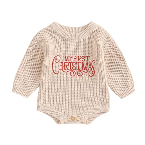 Gestrickt Weihnachtsstrampler Baby Mädchen Junge Weihnachtspullover Mein Erstes Weihnachten Neugeborene Baby Pullover Strampler Body Weihnachtspulli (Schnörkel My First Christmas Beige, 6-9 Monate) von Geagodelia