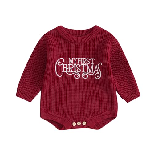 Gestrickt Weihnachtsstrampler Baby Mädchen Junge Weihnachtspullover Mein Erstes Weihnachten Neugeborene Baby Pullover Strampler Body Weihnachtspulli (Schnörkel My First Christmas Rot, 9-12 Monate) von Geagodelia