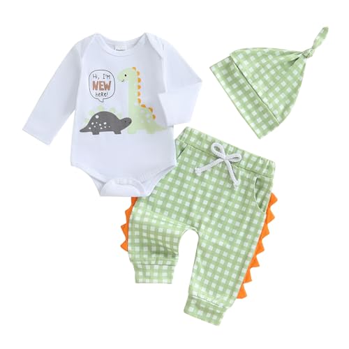 Hello Im New Here Neugeborene Baby Junge Kleidung Set Dino Druck Langarm Body und Hose Baumwolle Babykleidung Set Herbst Winter Bekleidungssets für Baby Jungen Outfits (Kariert Weiß, 3-6 Monate) von Geagodelia