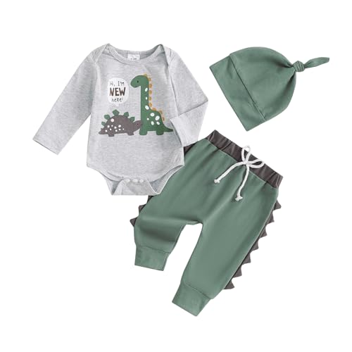Hello Im New Here Neugeborene Baby Junge Kleidung Set Dinosaurier Druck Langarm Body und Hose Baumwolle Babykleidung Set Herbst Winter Bekleidungssets für Baby Jungen Outfits (Grau, 3-6 Monate) von Geagodelia