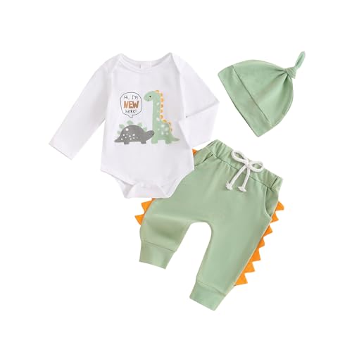 Hello Im New Here Neugeborene Baby Junge Kleidung Set Dinosaurier Druck Langarm Body und Hose Baumwolle Babykleidung Set Herbst Winter Bekleidungssets für Baby Jungen Outfits (Weiß, Neugeborene) von Geagodelia