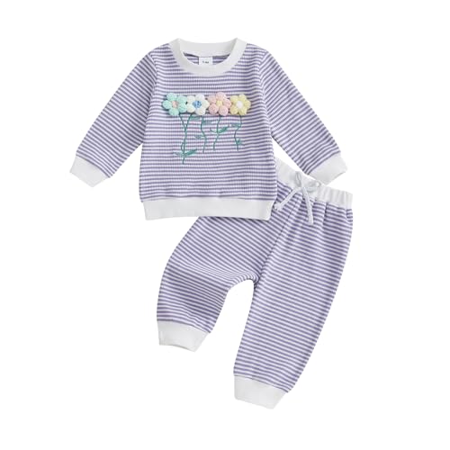 Kinder Neugeborene Baby Mädchen Kleidung Set Winter Babykleidung 3D Gestrickt Blumen Muster Langarm Sweatshirt Oberteil und Hose Bekleidungssets (Gestreift Helllila, 6-12 Monate) von Geagodelia
