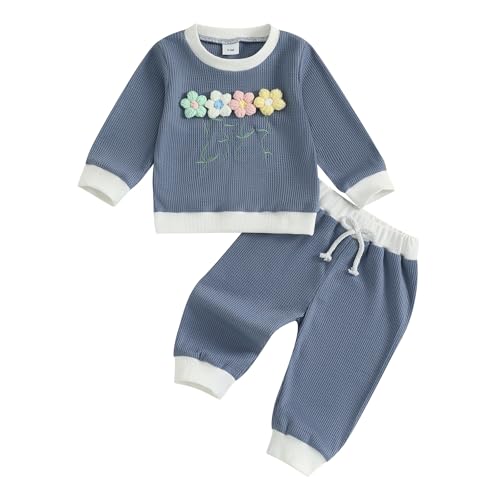 Kinder Neugeborene Baby Mädchen Kleidung Set Winter Babykleidung 3D Gestrickt Blumen Muster Langarm Sweatshirt Oberteil und Hose Bekleidungssets (Waffelstrick Einfarbig Dunkelblau, 12-18 Monate) von Geagodelia