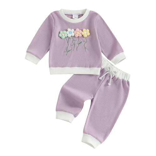 Kinder Neugeborene Baby Mädchen Kleidung Set Winter Babykleidung 3D Gestrickt Blumen Muster Langarm Sweatshirt Oberteil und Hose Bekleidungssets (Waffelstrick Einfarbig Lila, 0-6 Monate) von Geagodelia