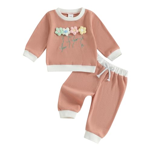 Kinder Neugeborene Baby Mädchen Kleidung Set Winter Babykleidung 3D Gestrickt Blumen Muster Langarm Sweatshirt Oberteil und Hose Bekleidungssets (Waffelstrick Einfarbig Orangerosa, 2-3 Jahre) von Geagodelia