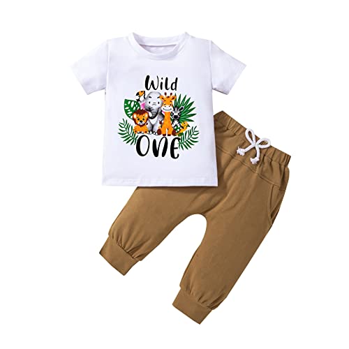 Kleinkind Baby Jungen Geburtstag Outfit Wild 1-4 Brief drucken kurze Ärmel Shirt Leopard Top Pant Geburtstag Kleidung Set Geburtstag Outfit Baby Boy kurze Ärmel Anzug (Brown one , 12-18 Months ) von Geagodelia